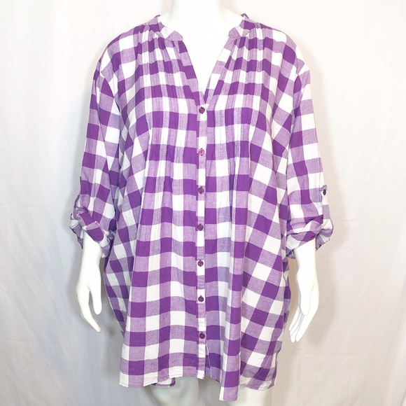 Woman Within Tops - Woman Within Oversized Plaid Button Front Shirt